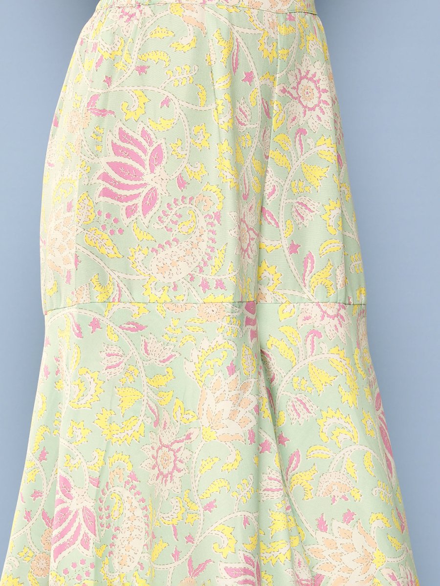 Ahalyaa Women Sea Green Floral Printed Gotta Patti Kurti with Sharara & With Dupatta | Grocsy