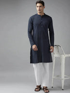 Fabmade Men Navy Blue Cotton Linen Kurta Pyjama | Grocsy