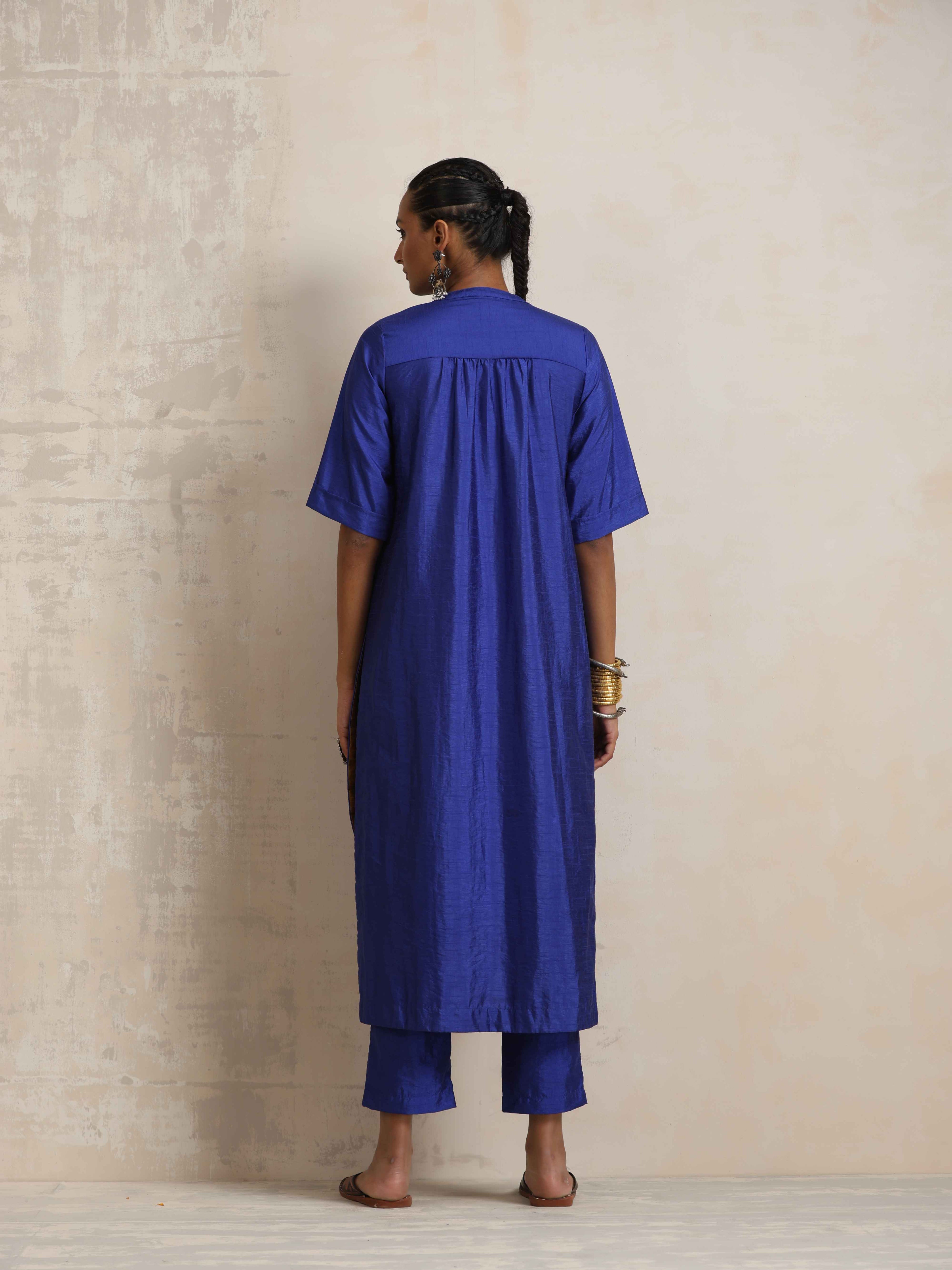 trueBrowns Blue Silk High Slit Kurta Set | Grocsy
