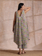 trueBrowns Grey Overall Floral Block Print Cotton Sleeveless Flared Kurta Pant Set | Grocsy