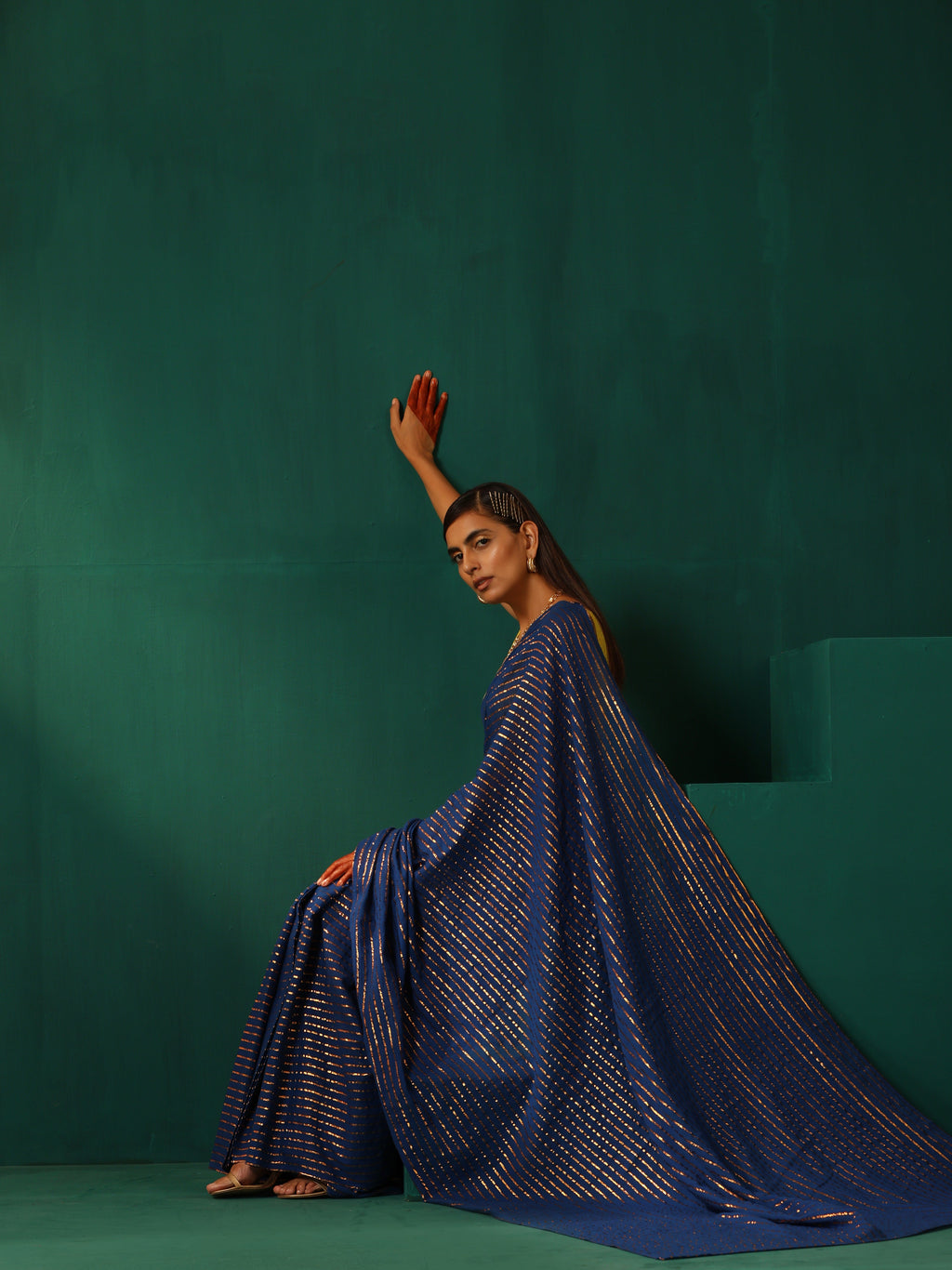 trueBrowns Royal Blue Cotton Gold Lurex Striped Ready to Wear Saree | Grocsy