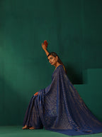 trueBrowns Royal Blue Cotton Gold Lurex Striped Ready to Wear Saree | Grocsy