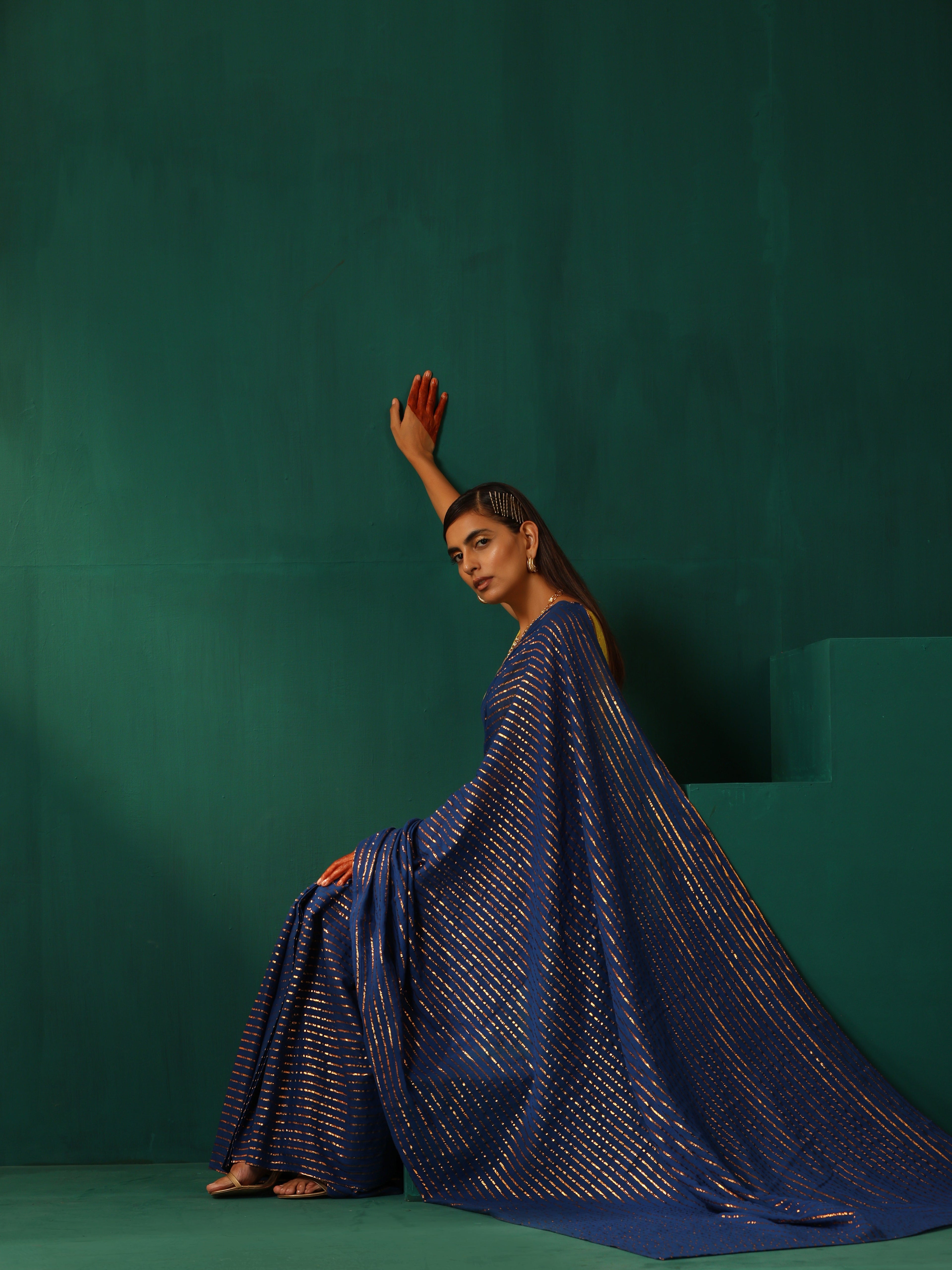 trueBrowns Royal Blue Cotton Gold Lurex Striped Ready to Wear Saree | Grocsy