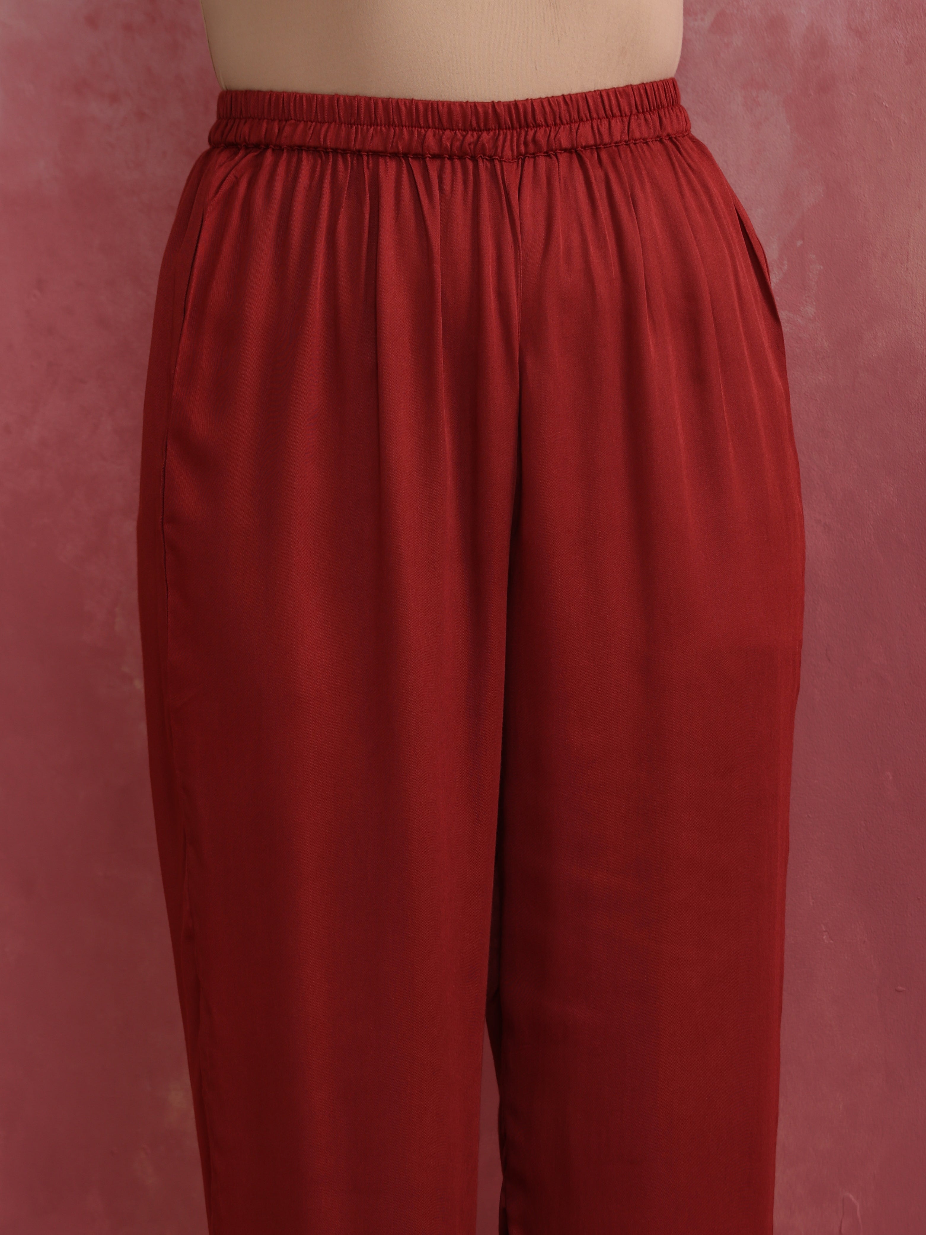 trueBrowns Maroon Modal V Neck Kurta Co-ord Set | Grocsy