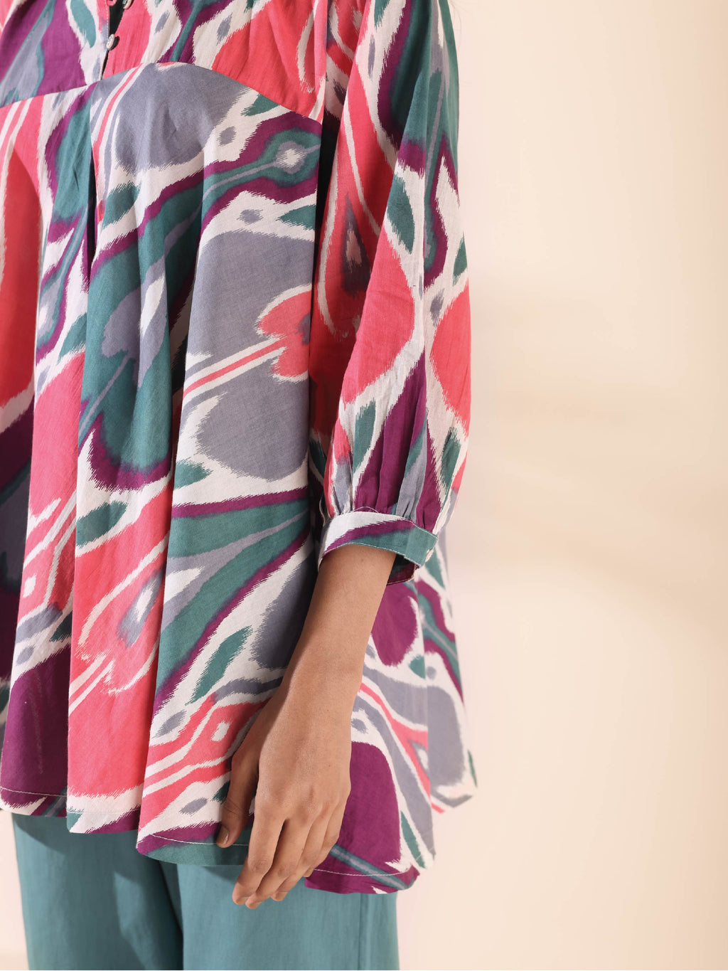 trueBrowns Green Cotton Ikat Flared Co-ord Set | Grocsy
