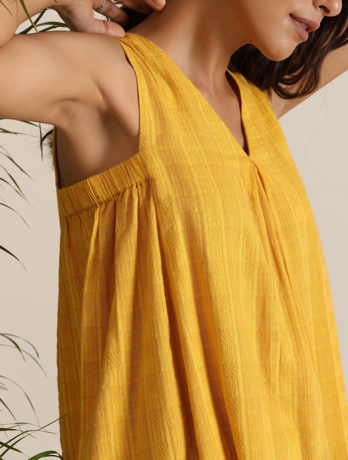 trueBrowns Mustard Cotton Dobby Sleeveless Co-ord Set | Grocsy