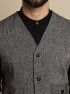 Even Apparels Men's Black Woolen Waistcoat With Patch Pocket | Grocsy