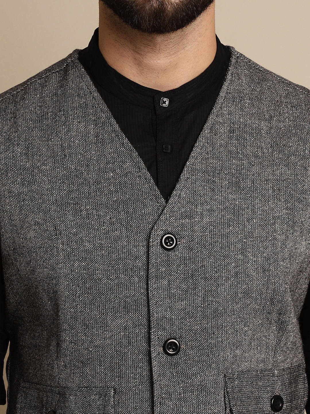 Even Apparels Men's Black Woolen Waistcoat With Patch Pocket | Grocsy
