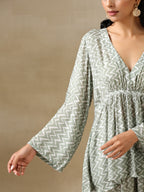 trueBrowns Light Green Bandhani Printed Silk V-Neck Co-Ord Set | Grocsy