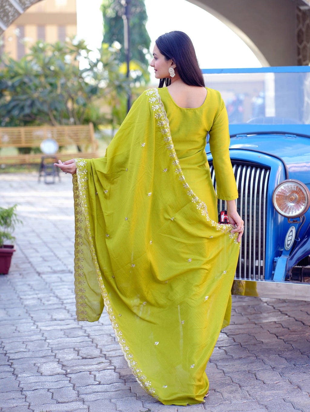 Teeya Creation Olive Color Chinon Silk Heavy Embroidery Work Fully Stitched Salwar Suit | Grocsy