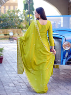 Teeya Creation Olive Color Chinon Silk Heavy Embroidery Work Fully Stitched Salwar Suit | Grocsy