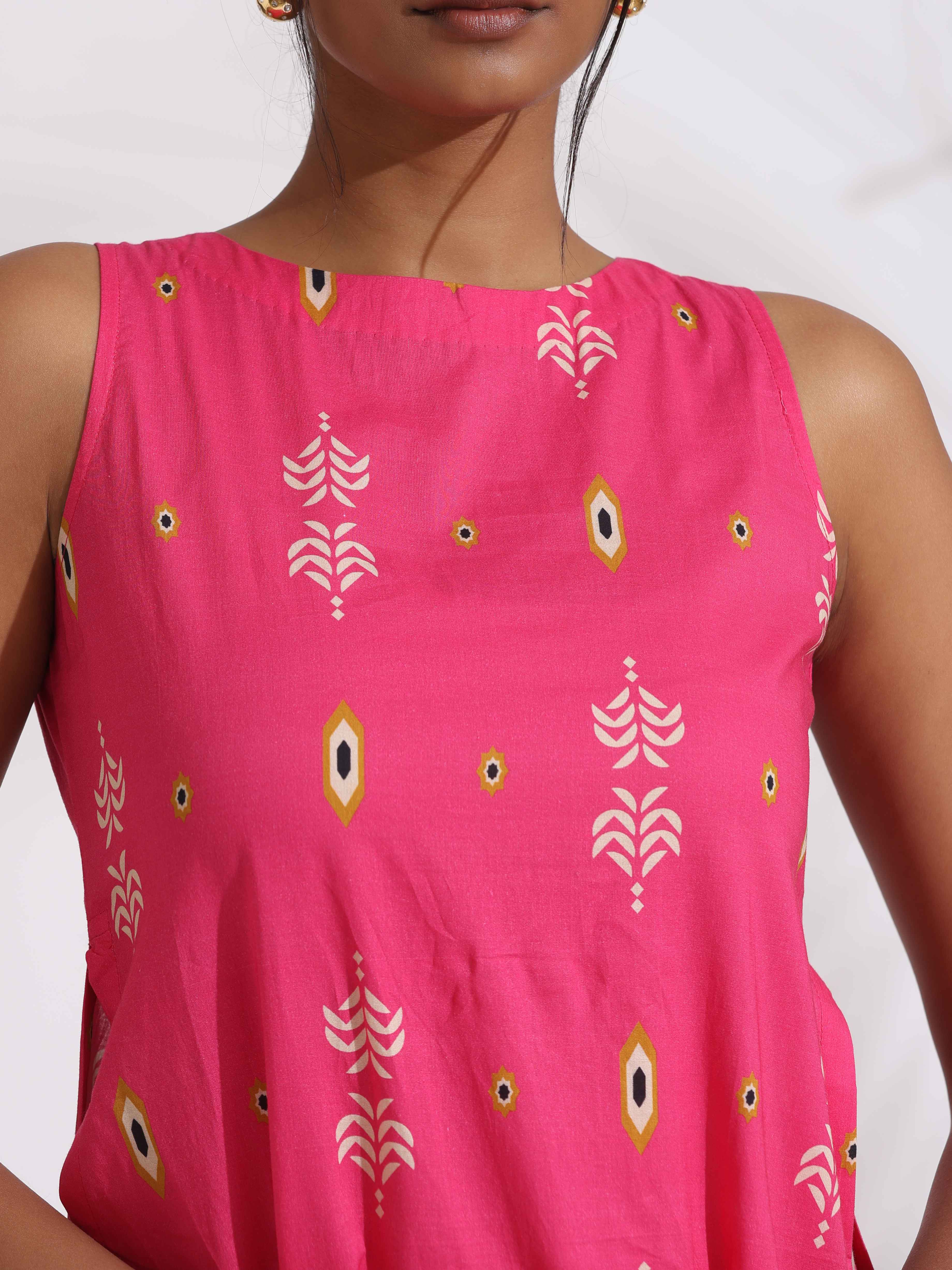 trueBrowns Pink Cotton Print Sleeveless Kurta Set | Grocsy