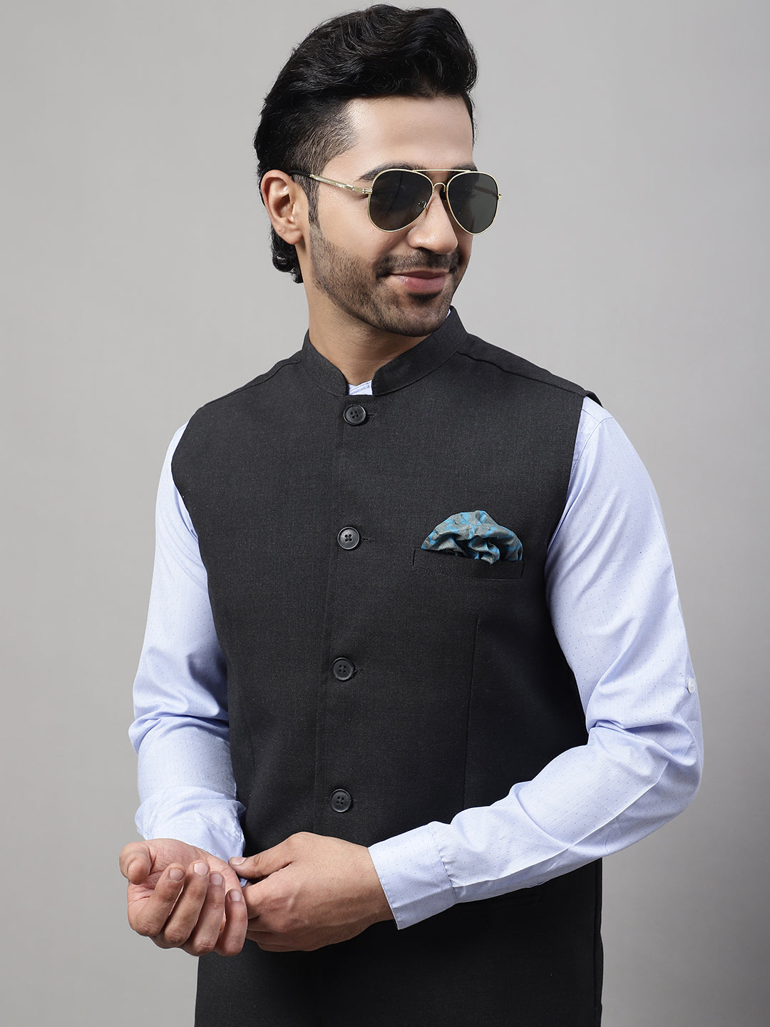 Even Apparels Men's Grey Nehru Jacket With Welt Pockets | Grocsy
