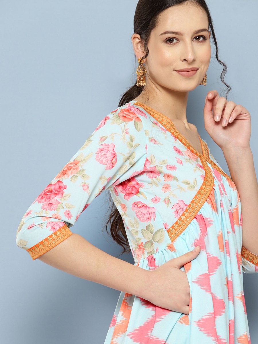 Ahalyaa Floral Printed Midi Empire Ethnic Dress | Grocsy