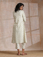 trueBrowns Green Buta On Off White Block Print Cotton Slit Gathered Kurta Set | Grocsy