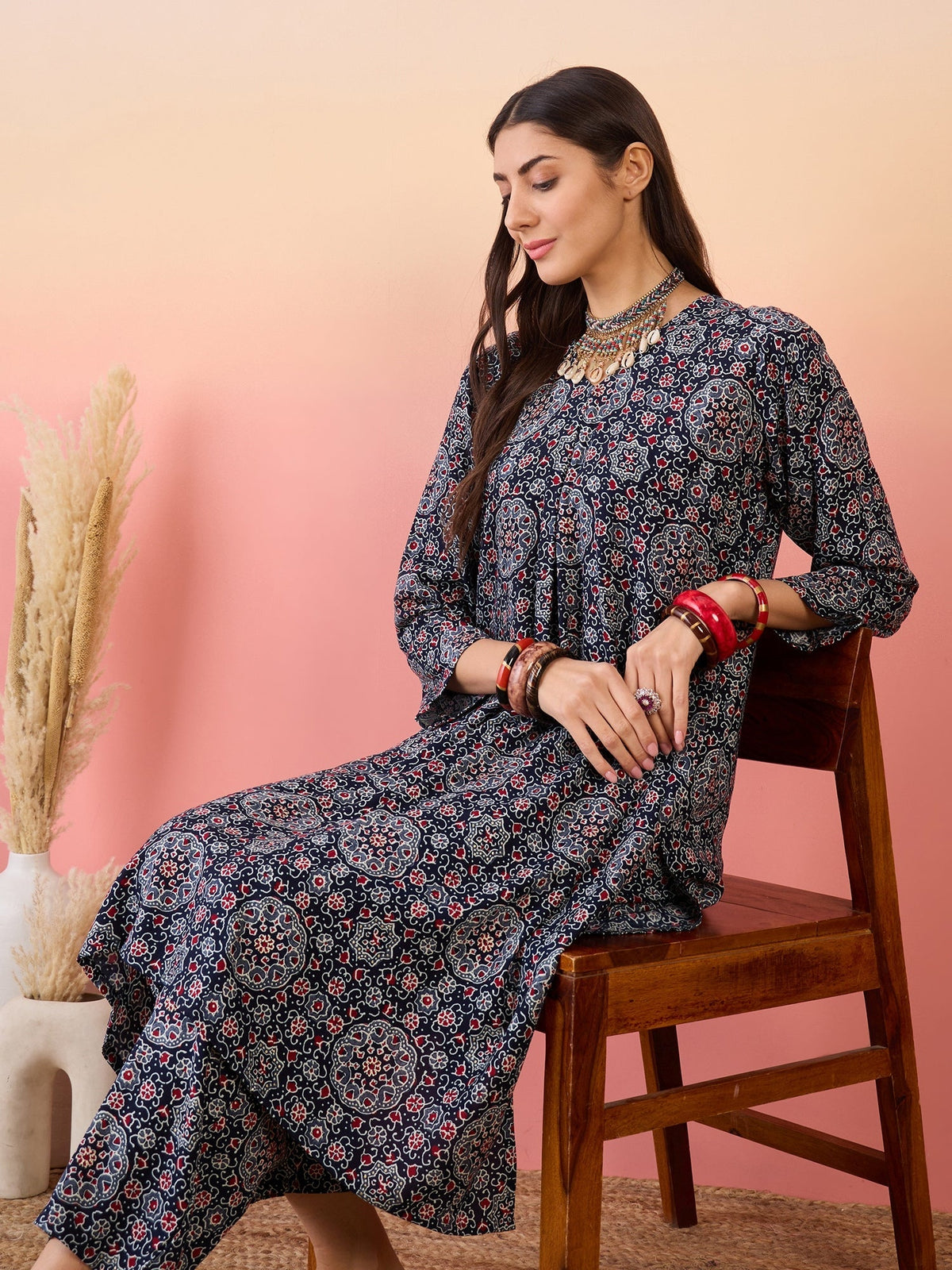 InWeave Navy Maroon Ajrakh Foil V Neck Kurta Pant Set | Grocsy
