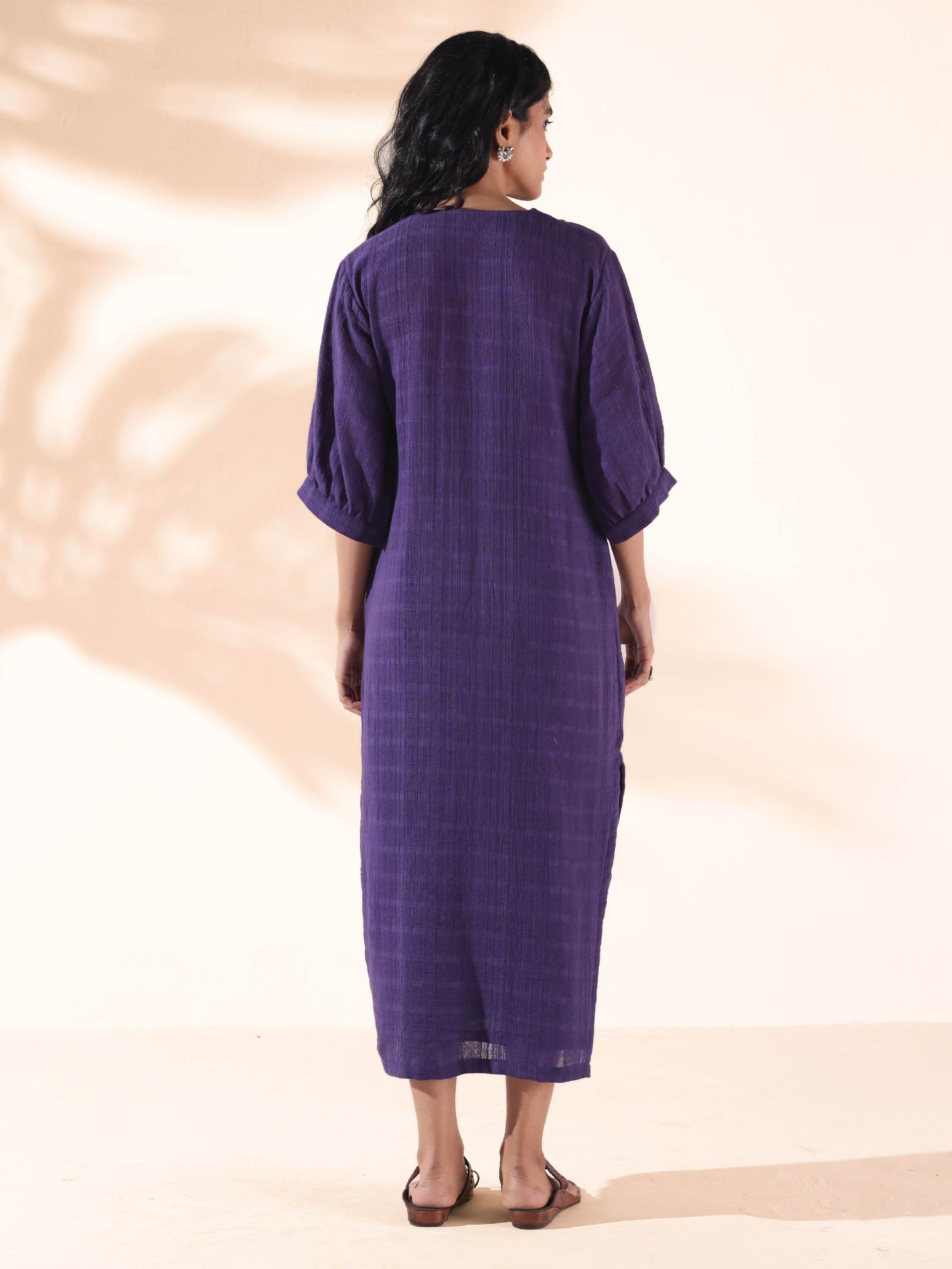 trueBrowns Purple Cotton Dobby Slit Dress | Grocsy