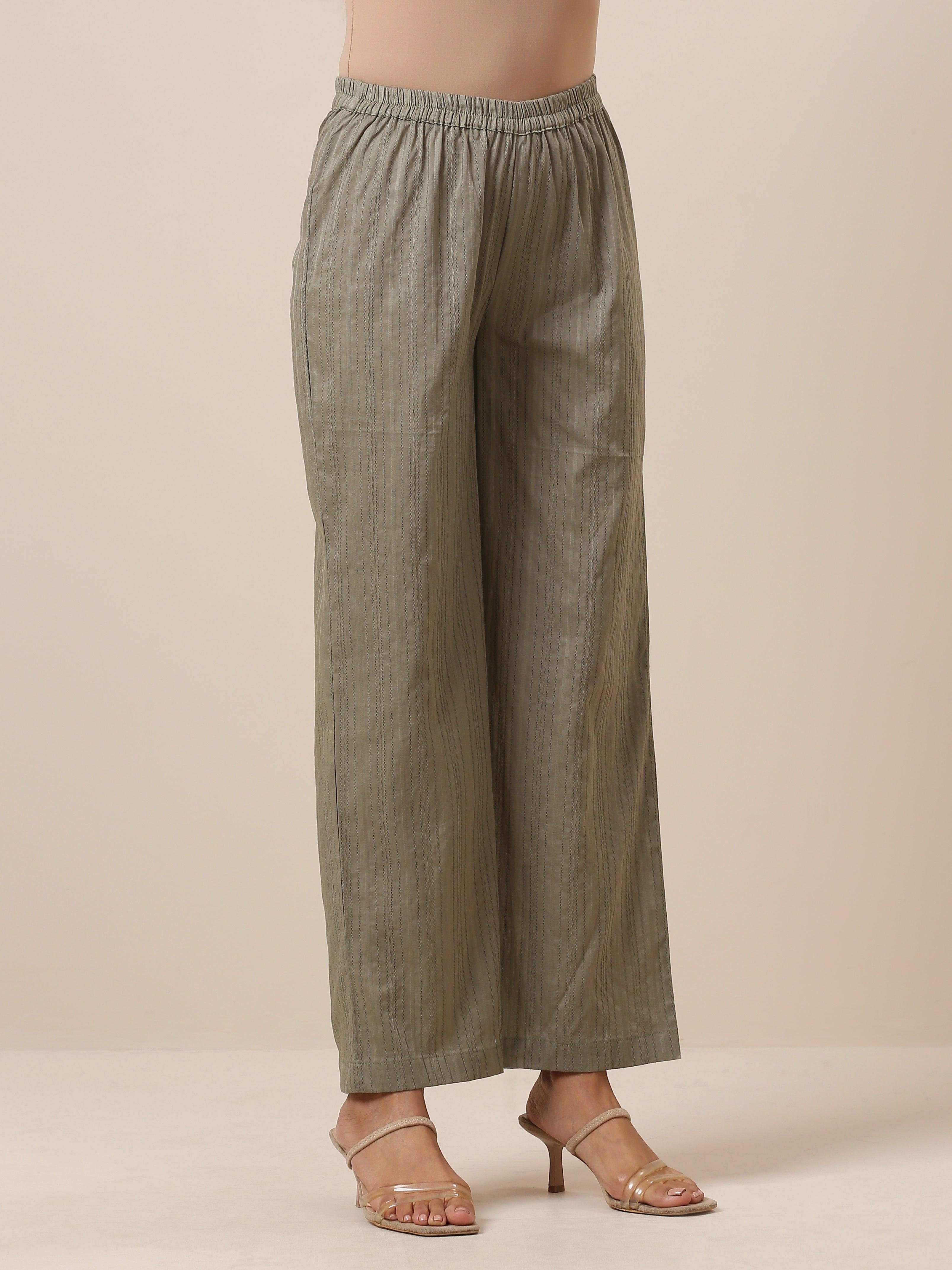 trueBrowns Cotton Olive Green Flared Slit Kurta Pant Set | Grocsy