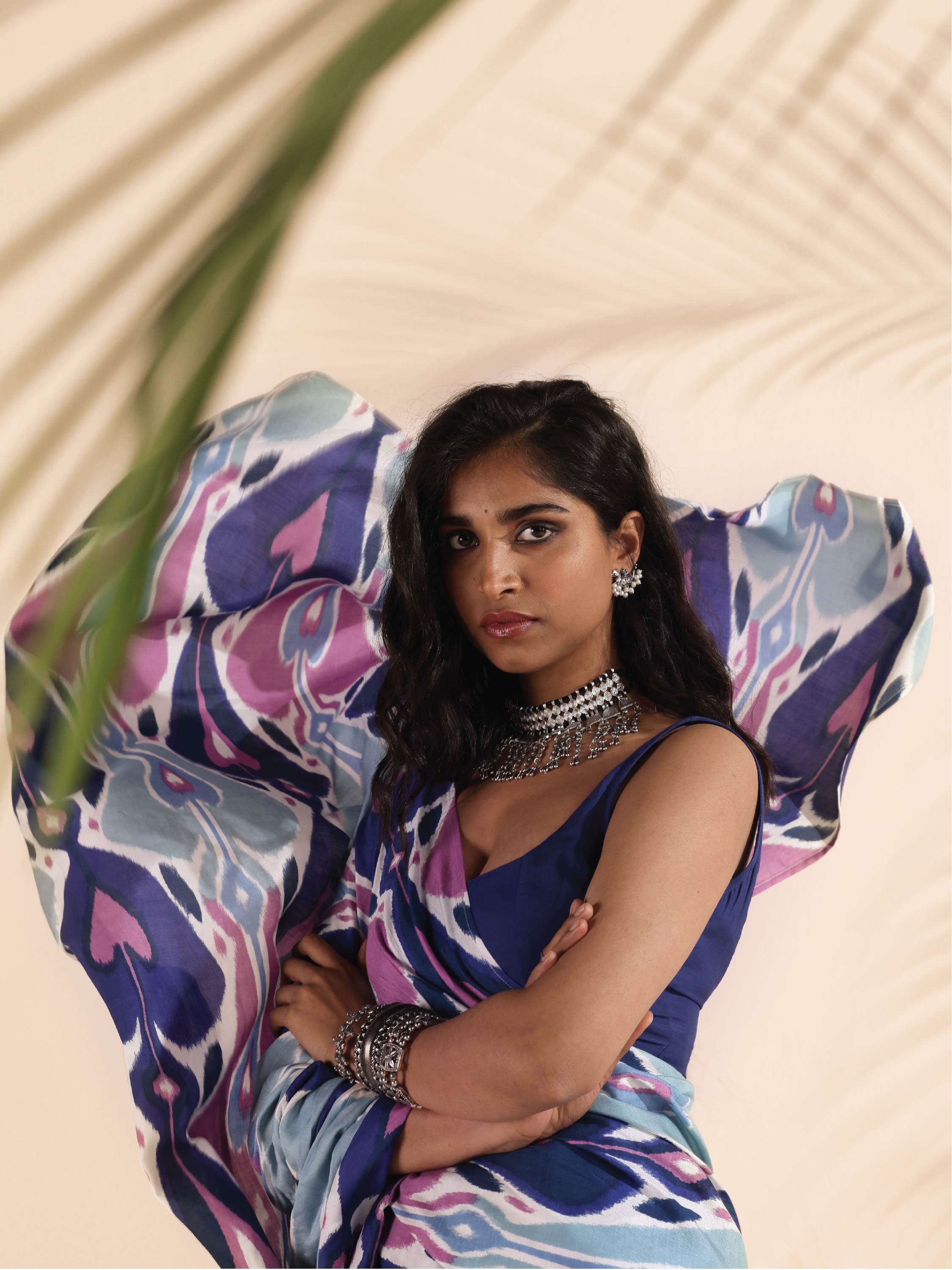 trueBrowns Blue Purple Muslin Ikat Saree | Grocsy