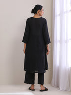 trueBrowns Black Dobby Flared Slit Kurta Pant Set | Grocsy