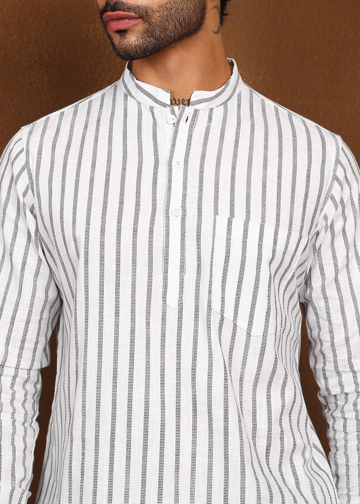 Fabmade Driftline Stripe Linen Short Kurta | Grocsy