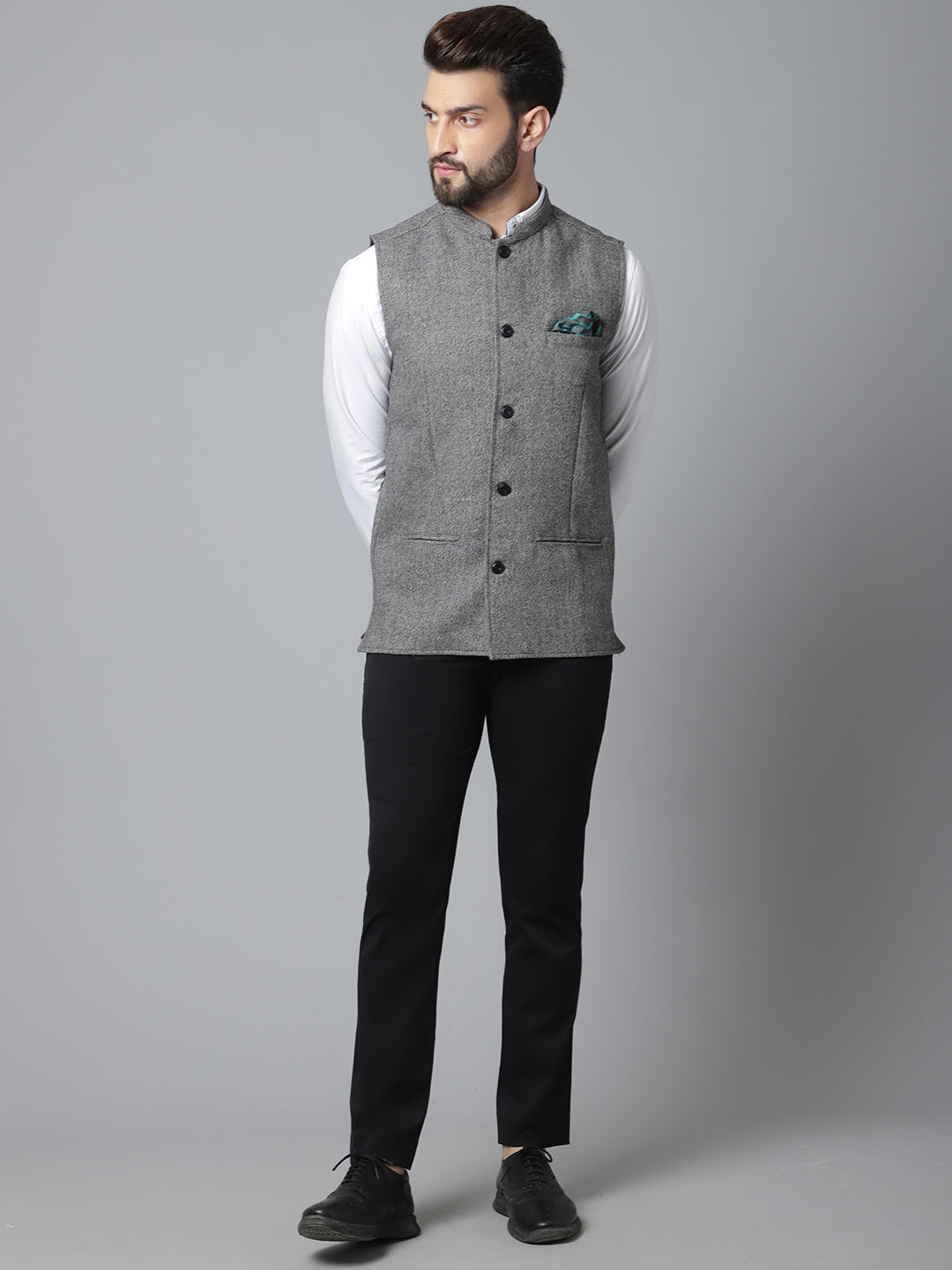 Even Apparels Men's Grey Pure Wool Nehru Jacket | Grocsy