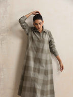 trueBrowns Green Check Flared Winter Dress | Grocsy
