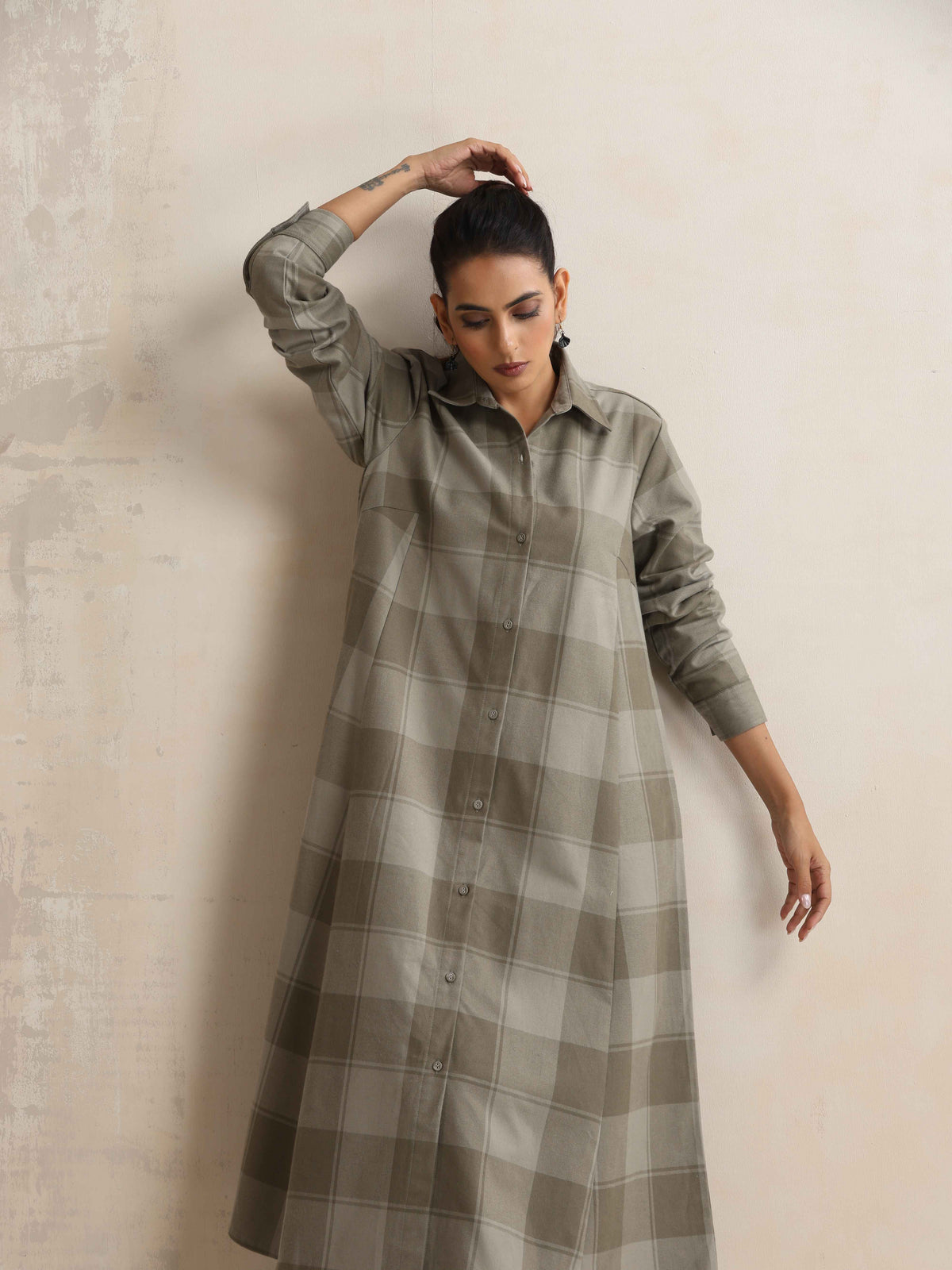 trueBrowns Green Check Flared Winter Dress | Grocsy