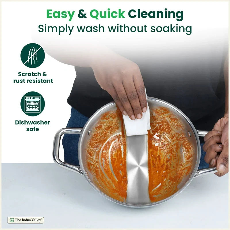 The Indus Valley TurboCuk Tri-ply Stainless Steel Cookware Set: 24cm Kadai with Lid + 22cm Fry Pan + 16cm Sauce pan, Premium Quality, 3 Layer Thick Body, 100% Toxin-free, Non-stick, Induction & Gas | Grocsy