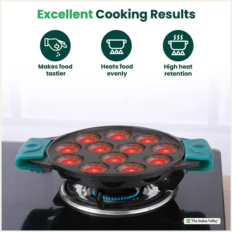 The Indus Valley 12 Pit/Cup CASTrong Cast Iron Paniyaram/Appe Pan, Pre-seasoned, with Double Handle Silicone Grip,Toxin-free, 20.8 cm, 2.2 kg | Grocsy