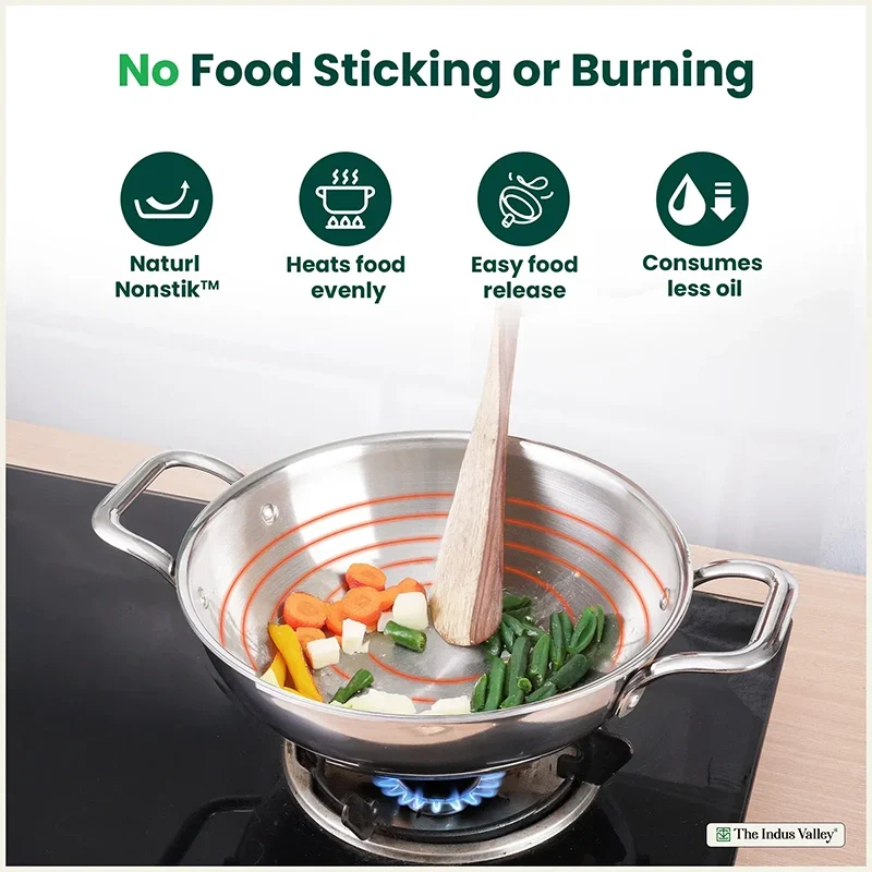 The Indus Valley TurboCuk Tri-ply Stainless Steel Kadai+ Steel Lid, Premium Quality, 3 Layer Thick Body, 100% Toxin-free, Non-stick, Induction & Gas, 3L/3.5L/3.9L/4.5L | Grocsy