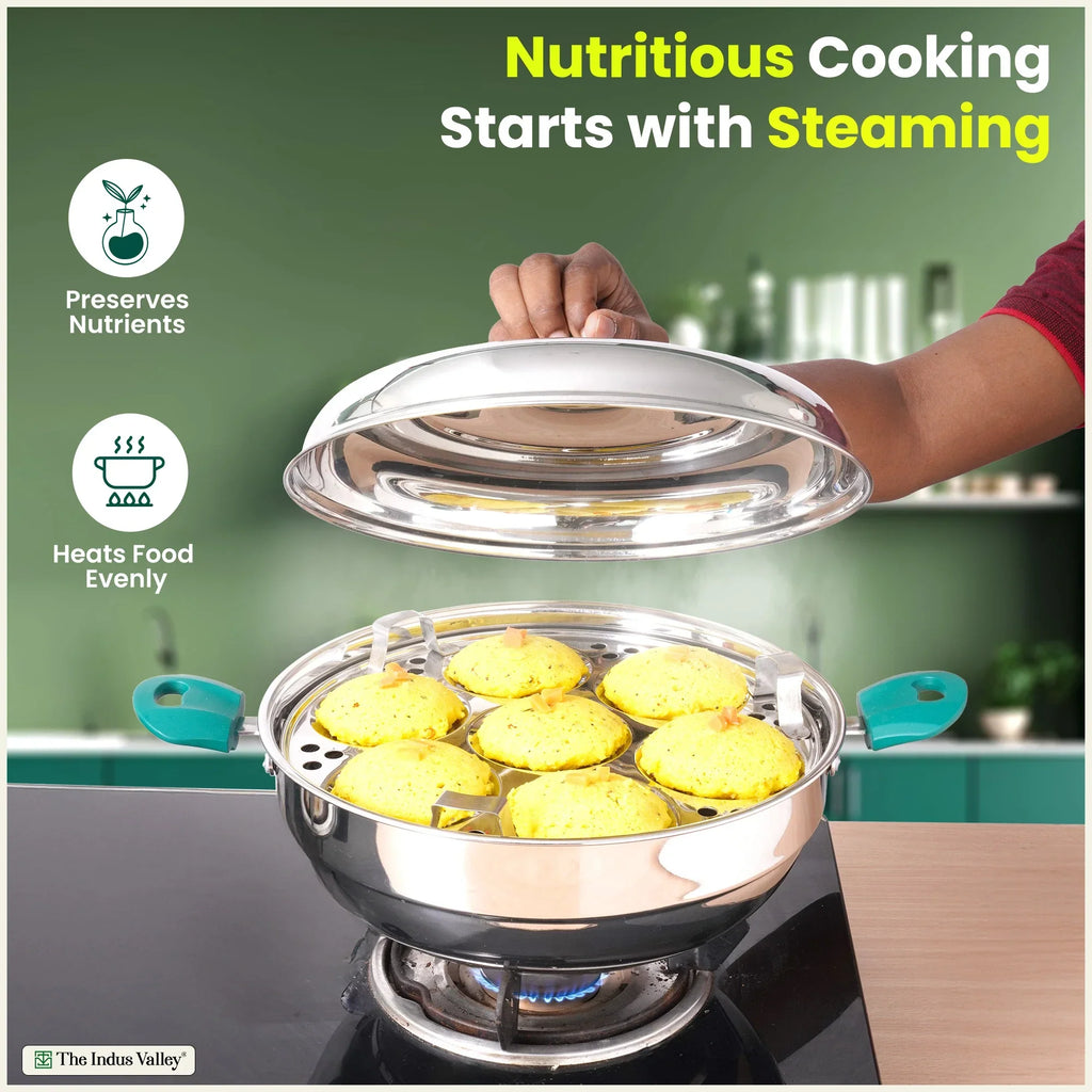 The Indus Valley 14 Pit Tri-Steel Multi Pot Premium Stainless Steel Idli/ Momo Maker/  Veg Steaming Set, Tri-ply Induction Bottom, 2 Plates, 27cm | Grocsy