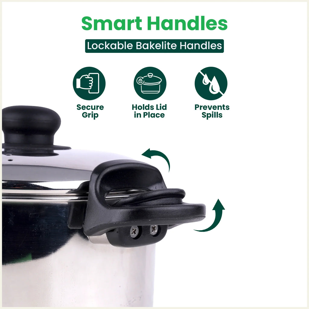 The Indus Valley Tri-steel Stainless Steel Rice Pot with Strainer Lid & Lockable Bakelite Handles, Tri-ply 3-Layer Heavy Bottom | Noodle/Pasta/Corn/Soya/Veggies Boiler Pot, Steamer Cooker, Induction & Gas, 1.08 Kg, 19cm, 3.5 L | Grocsy