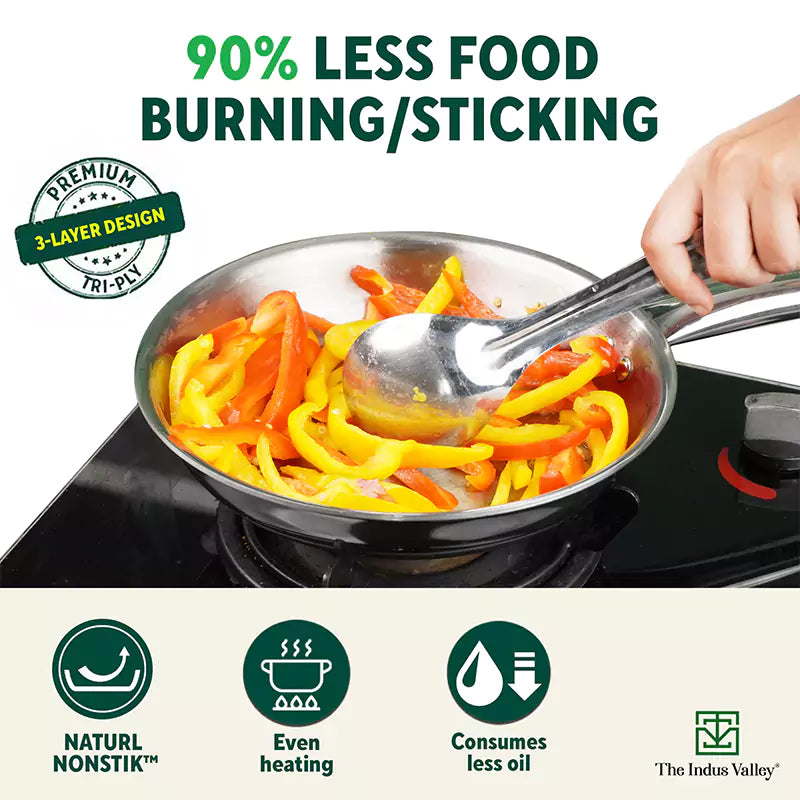 The Indus Valley TurboCuk Tri-ply Stainless Steel Cookware Set: 2.2L Kadai+ 1.4L Frypan+  1.2L Tea/Milk pan, Premium Quality, 3 Layer Thick Body, 100% Toxin-free, Non-stick, Induction & Gas | Grocsy