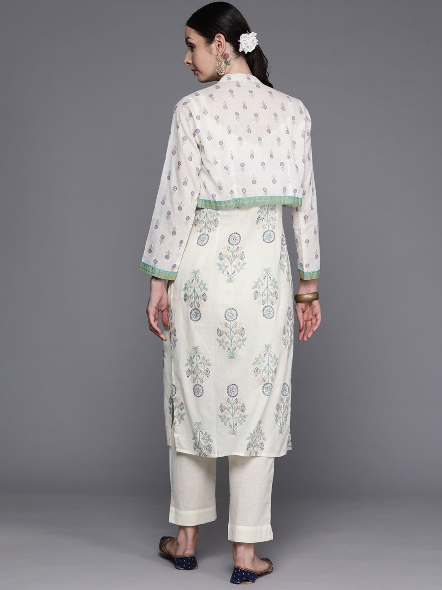 Ahalyaa Floral Printed Regular Pure Cotton Kurta with Trousers & Jacket | Grocsy