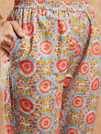 InWeave Women's Light Blue Floral Jaal Gota Work Straight Kurta Pant Set | Grocsy