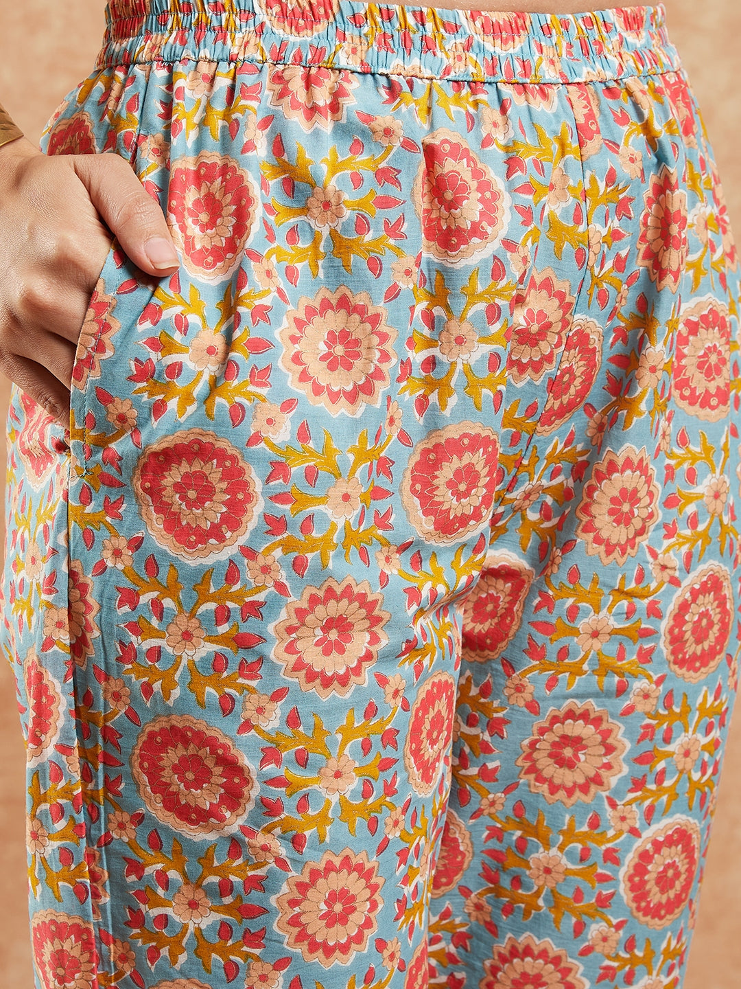 InWeave Women's Light Blue Floral Jaal Gota Work Straight Kurta Pant Set | Grocsy