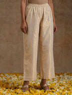 trueBrowns Ivory Gold Cotton Neck Pleat Kurta Set | Grocsy