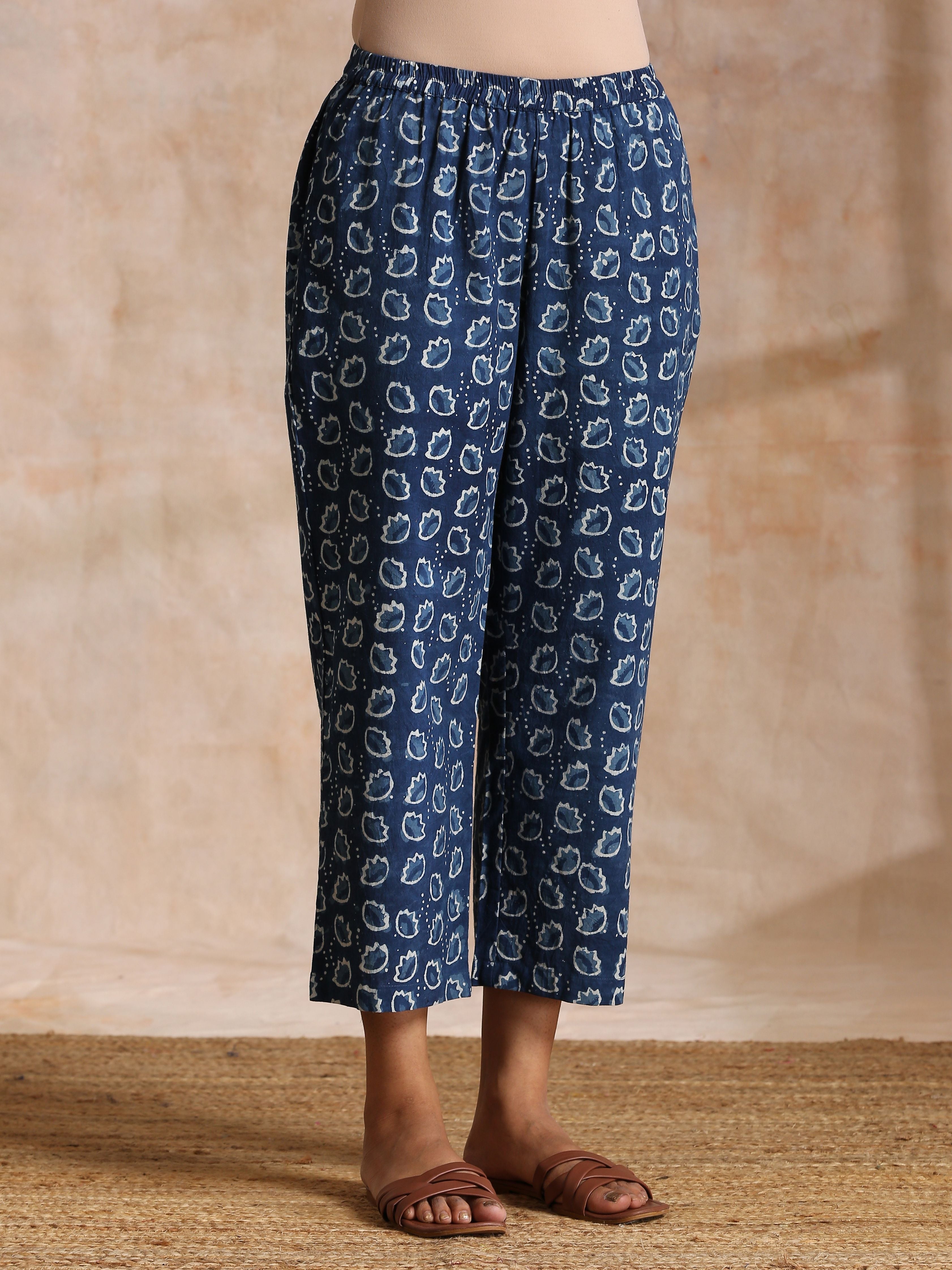 trueBrowns Indigo Dabu Floral Print Cotton Kaftan Co-Ord Set | Grocsy