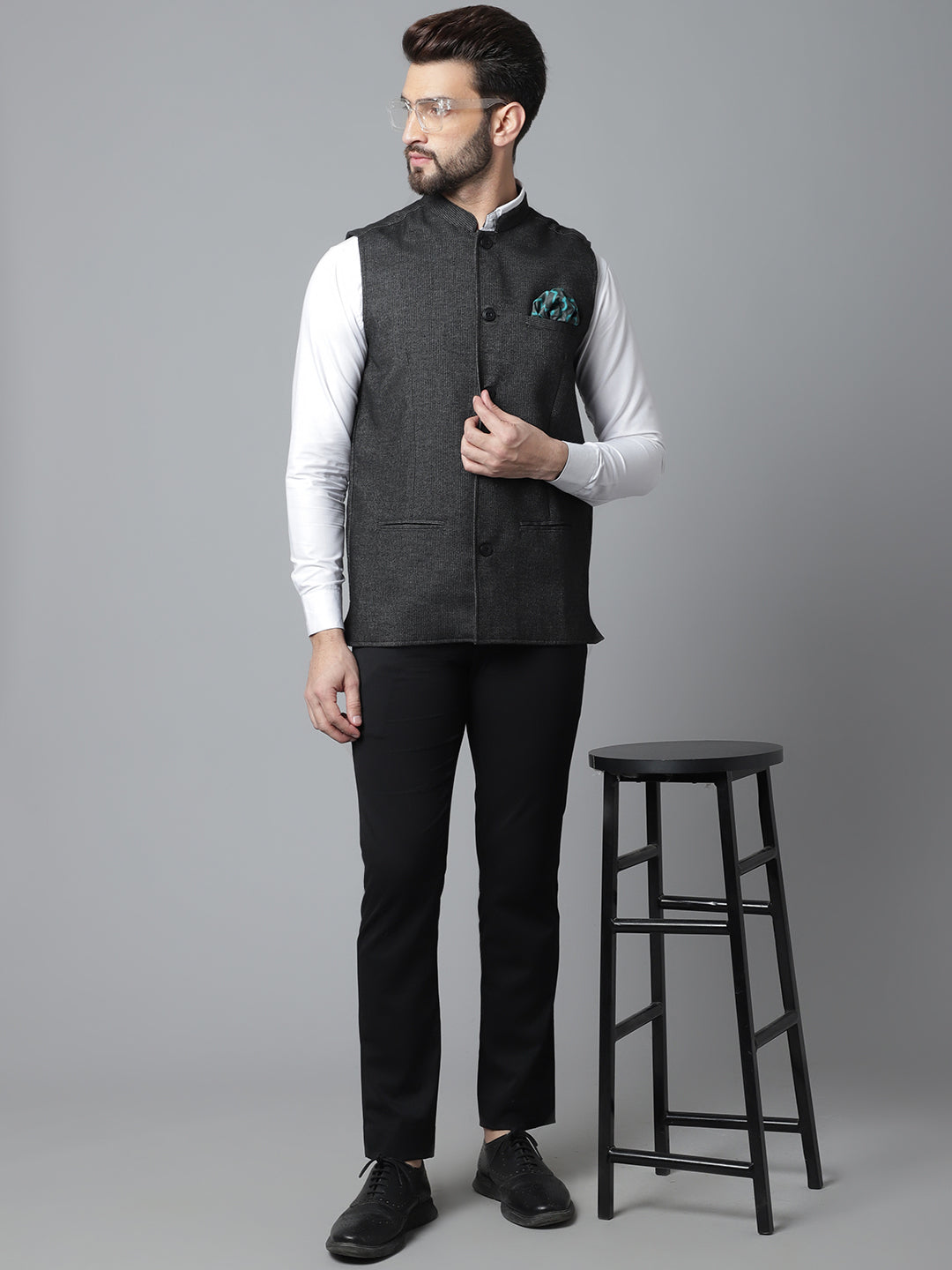 Even Apparels Men's Black Pure Wool Nehru Jacket | Grocsy
