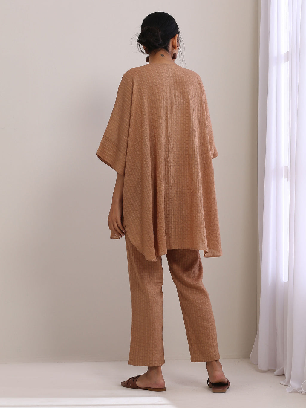 trueBrowns Beige Dobby Boxy Fit High-Low Co-Ord Set | Grocsy