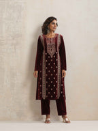 trueBrowns Maroon Velvet Embroidered Kurta Pant Dupatta Set | Grocsy