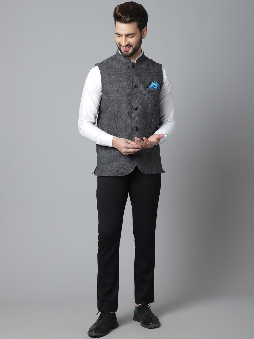 Even Apparels Men's Grey Pure Wool Nehru Jacket | Grocsy