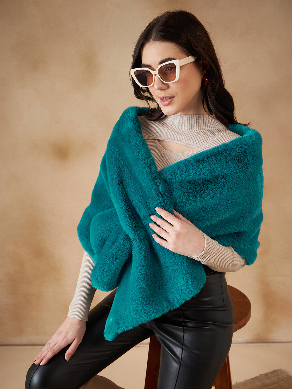 InWeave Women's Cyan Blue Long Faux Fur Cape | Grocsy
