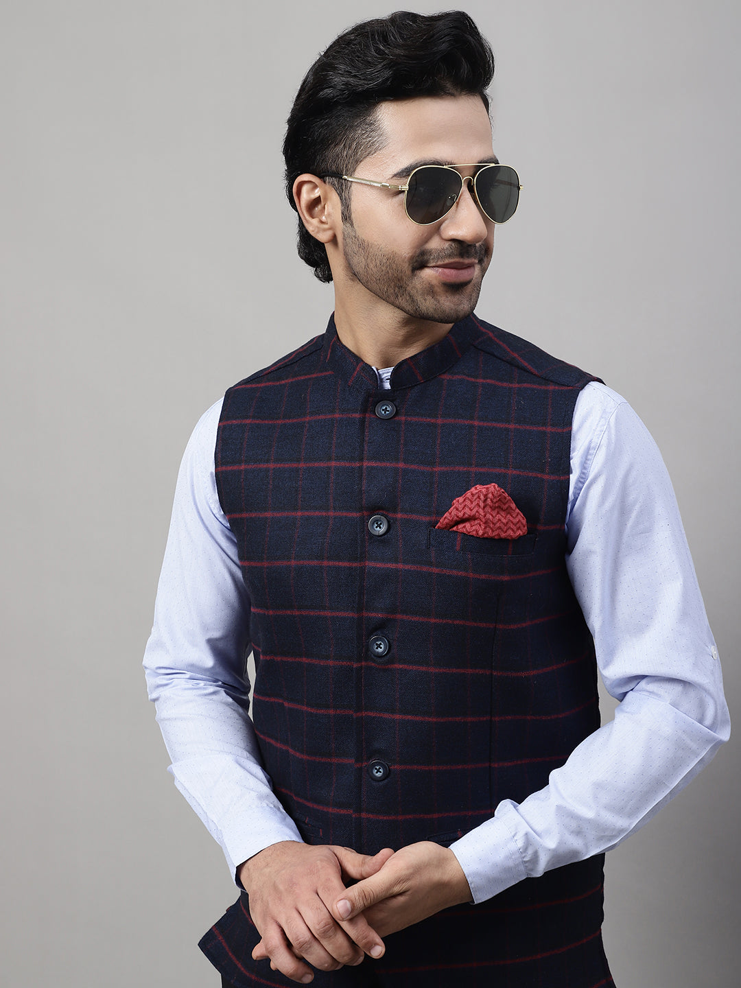 Even Apparels Men's Blue Nehru Jacket With Welt Pockets | Grocsy