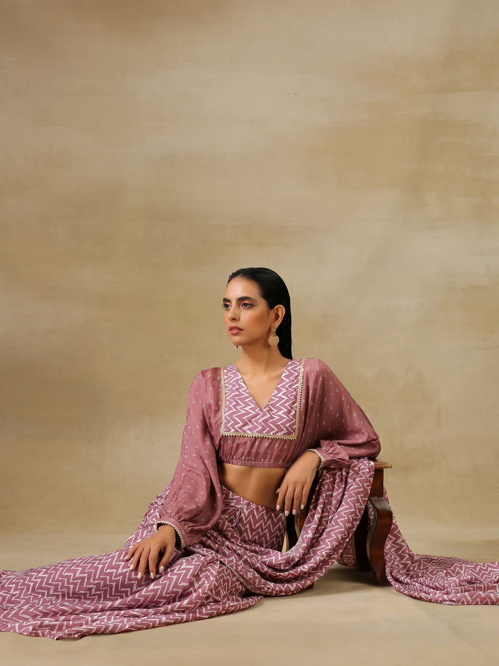 trueBrowns Dark Mauve Bandhani Printed SilkReady to Wear Saree | Grocsy