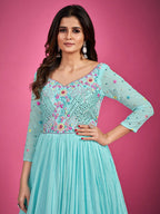 Myra Blue Chinon Silk Embroidered Gown | Grocsy