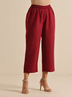trueBrowns Maroon Slub Gathered Kurta Pant Set | Grocsy