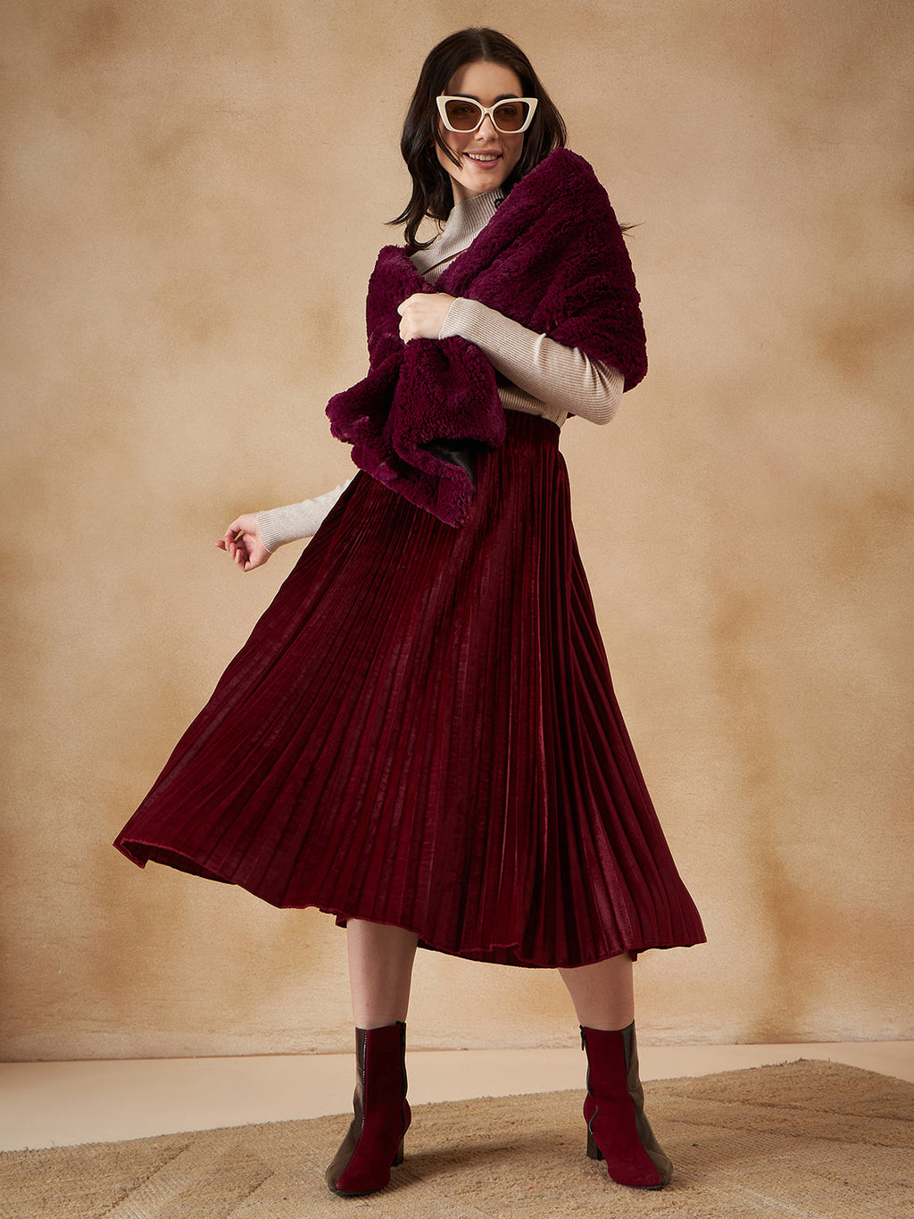 InWeave Women's Burgundy Long Faux Fur Cape | Grocsy
