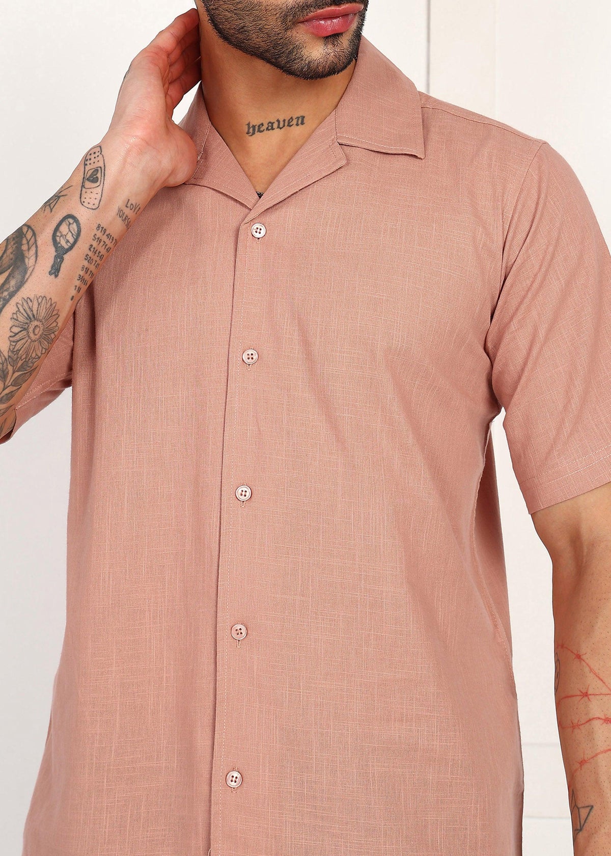 Fabmade Men’S Peach Linen Short-Sleeve Shirt | Grocsy